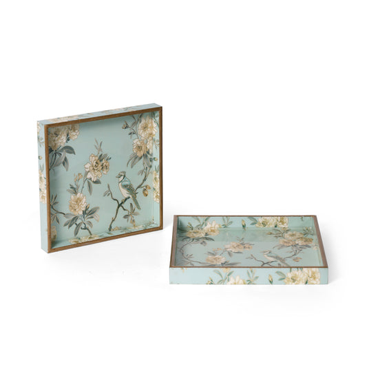Vintage Bird & Floral Printed Resin Wooden Serving Tray Set of 2