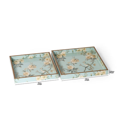 Vintage Bird & Floral Printed Resin Wooden Serving Tray Set of 2