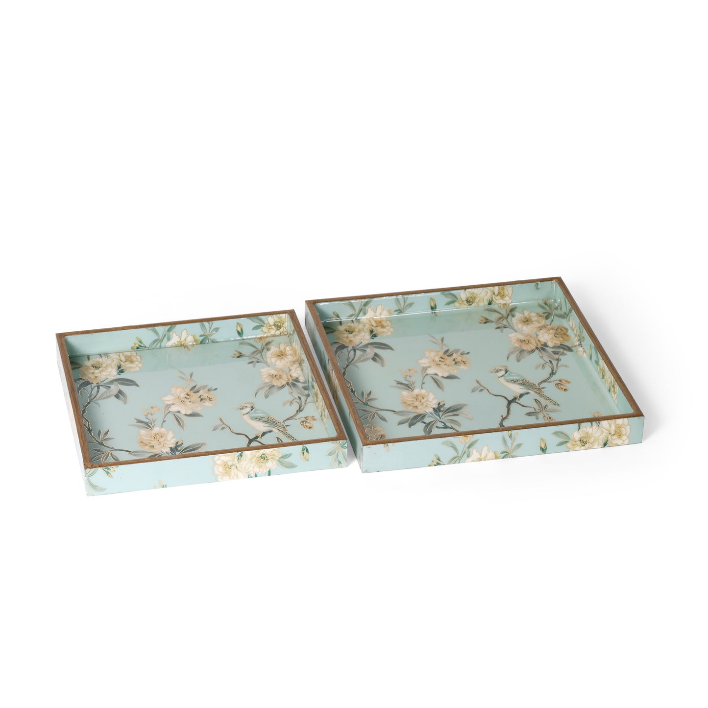 Vintage Bird & Floral Printed Resin Wooden Serving Tray Set of 2