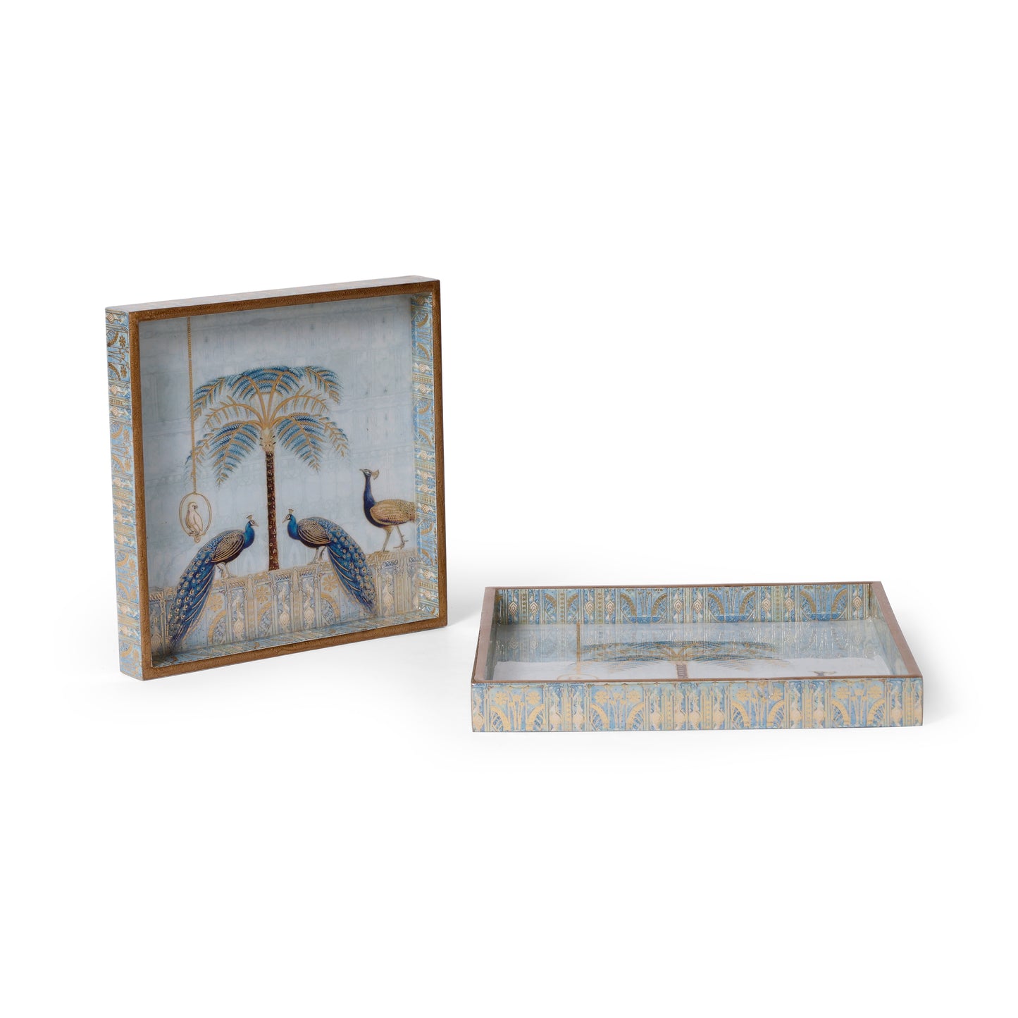 Royal Peacock Palm Printed Resin Wooden Serving Tray Set of 2