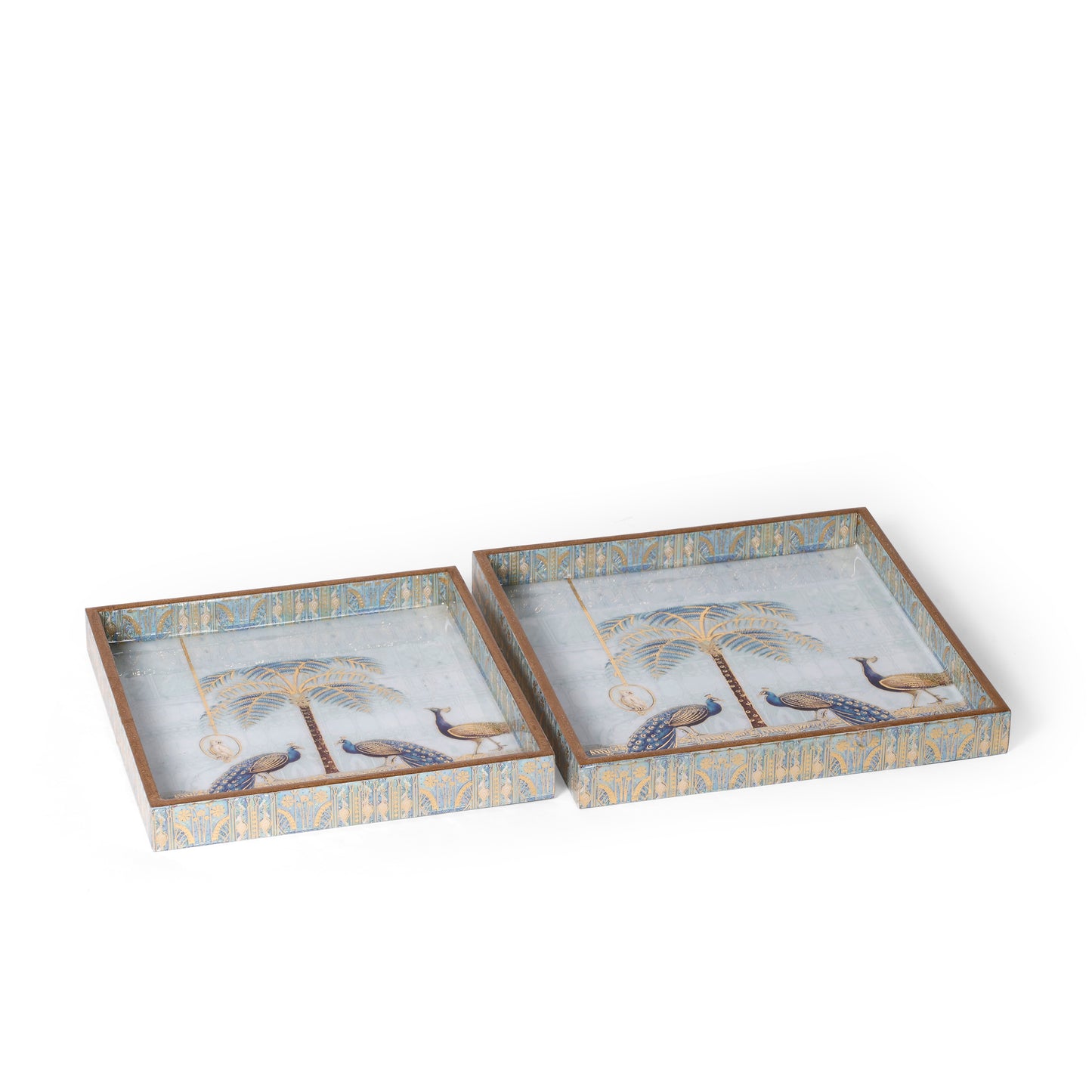 Royal Peacock Palm Printed Resin Wooden Serving Tray Set of 2