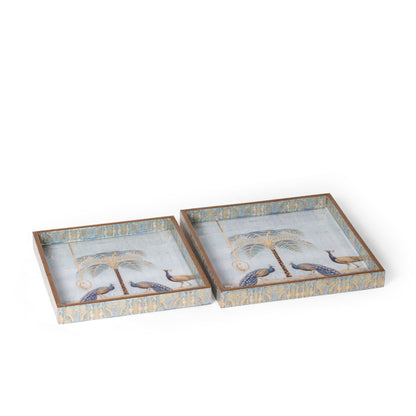 Royal Peacock Palm Printed Resin Wooden Serving Tray Set of 2