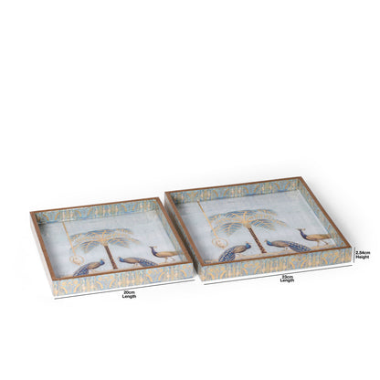 Royal Peacock Palm Printed Resin Wooden Serving Tray Set of 2