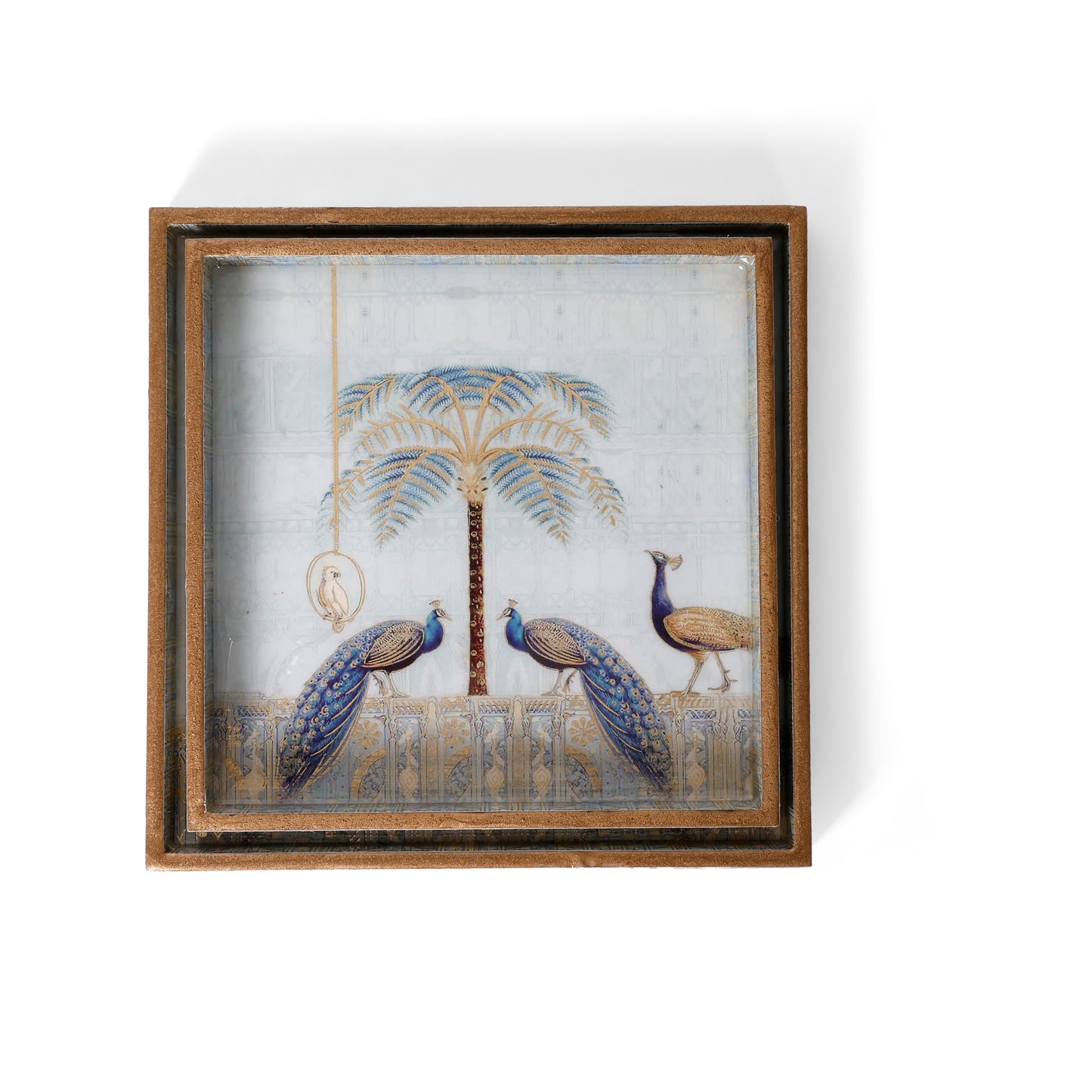 Royal Peacock Palm Printed Resin Wooden Serving Tray Set of 2
