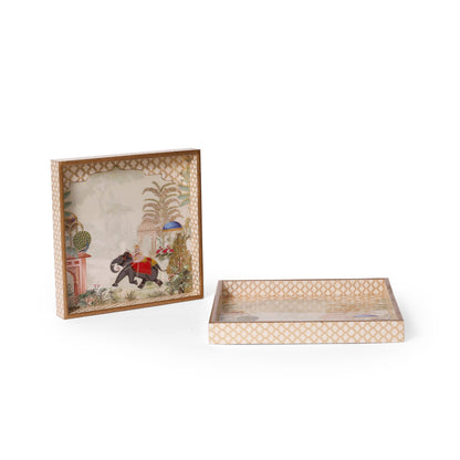 Royal Rajputana Elephant Printed Resin Wooden Serving Tray Set of 2
