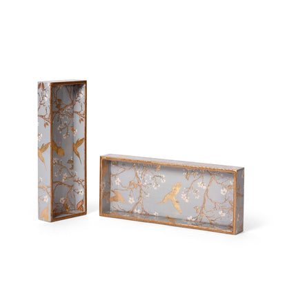 Printed Resin Wooden Serving Tray Set of 2 | MDF Tea & Coffee Tray with Gold Bird Floral Design
