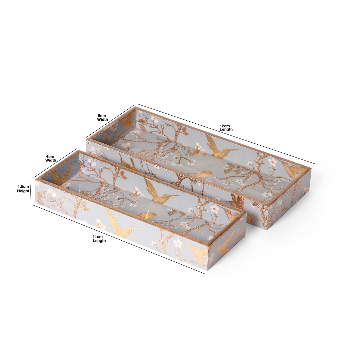 Printed Resin Wooden Serving Tray Set of 2 | MDF Tea & Coffee Tray with Gold Bird Floral Design