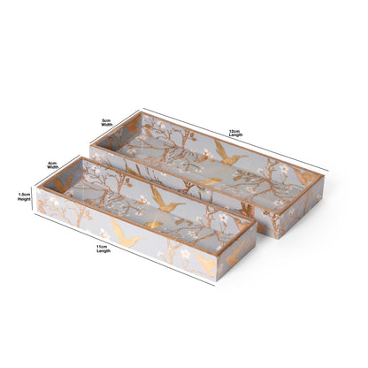 Printed Resin Wooden Serving Tray Set of 2 | MDF Tea & Coffee Tray with Gold Bird Floral Design