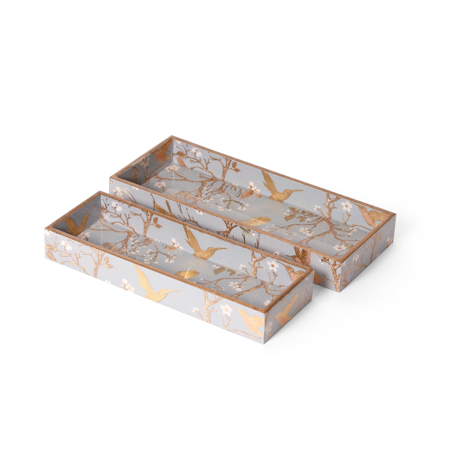 Printed Resin Wooden Serving Tray Set of 2 | MDF Tea & Coffee Tray with Gold Bird Floral Design