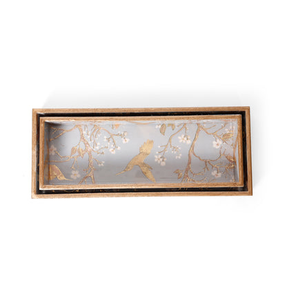 Printed Resin Wooden Serving Tray Set of 2 | MDF Tea & Coffee Tray with Gold Bird Floral Design