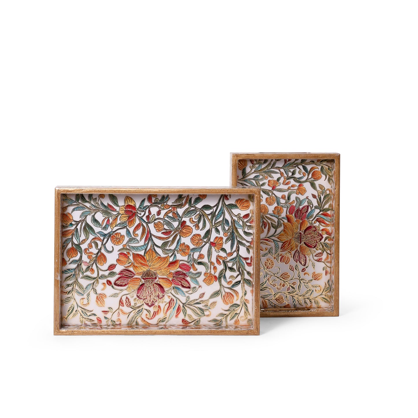 Floral Printed Resin Wooden Serving Tray Set of 2