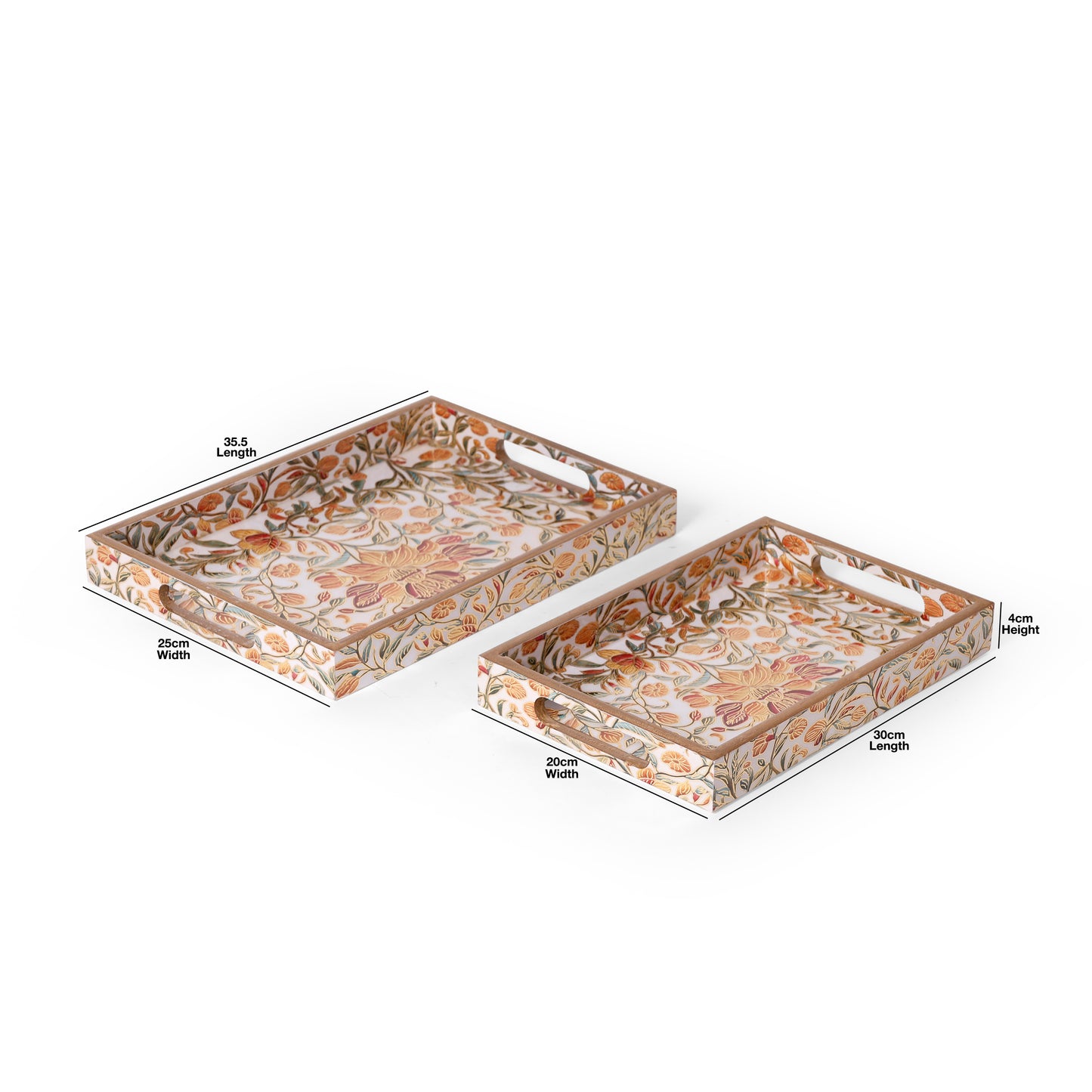 Floral Printed Resin Wooden Serving Tray Set of 2