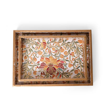 Floral Printed Resin Wooden Serving Tray Set of 2