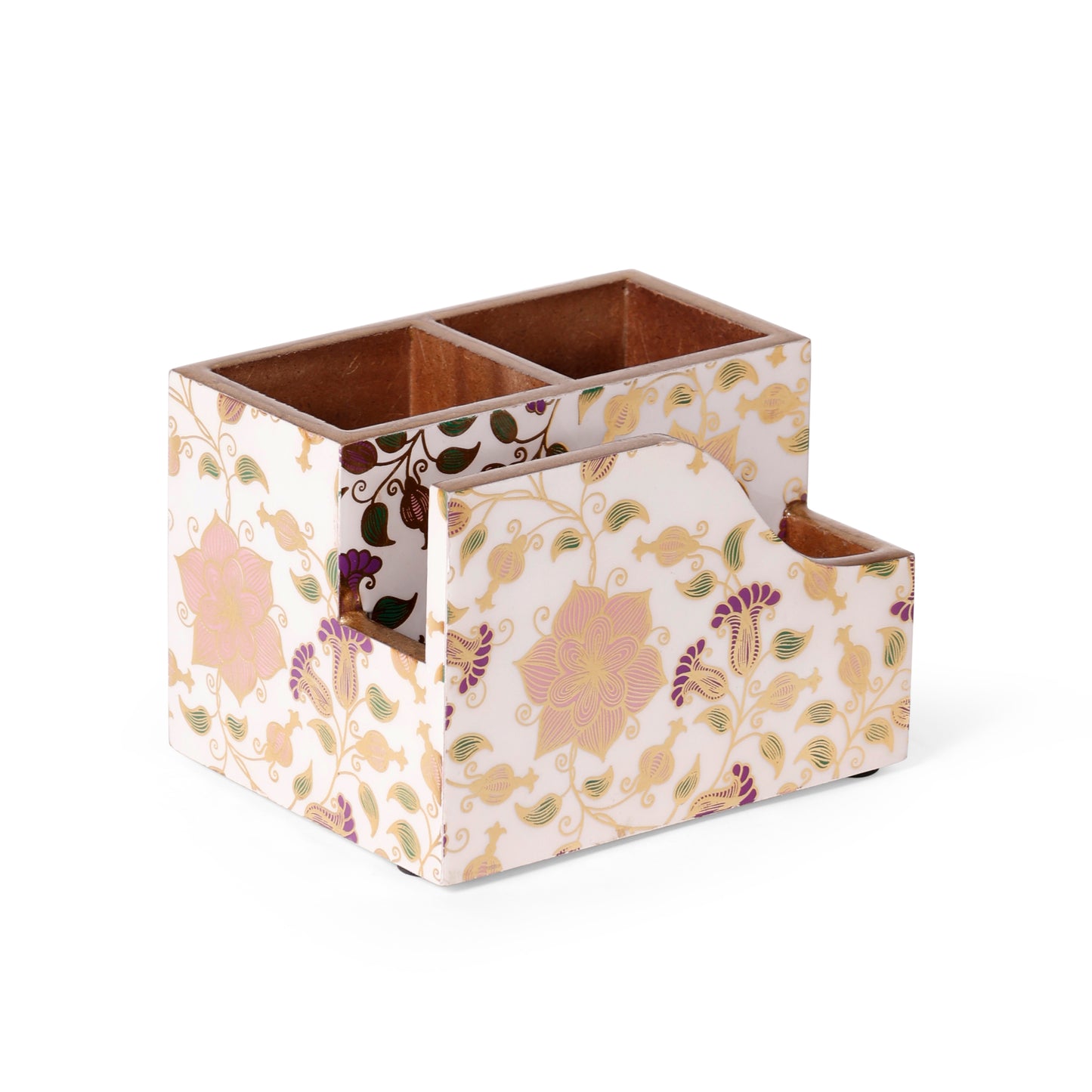Floral Resin & MDF Wooden Desk Organizer Pen Holder