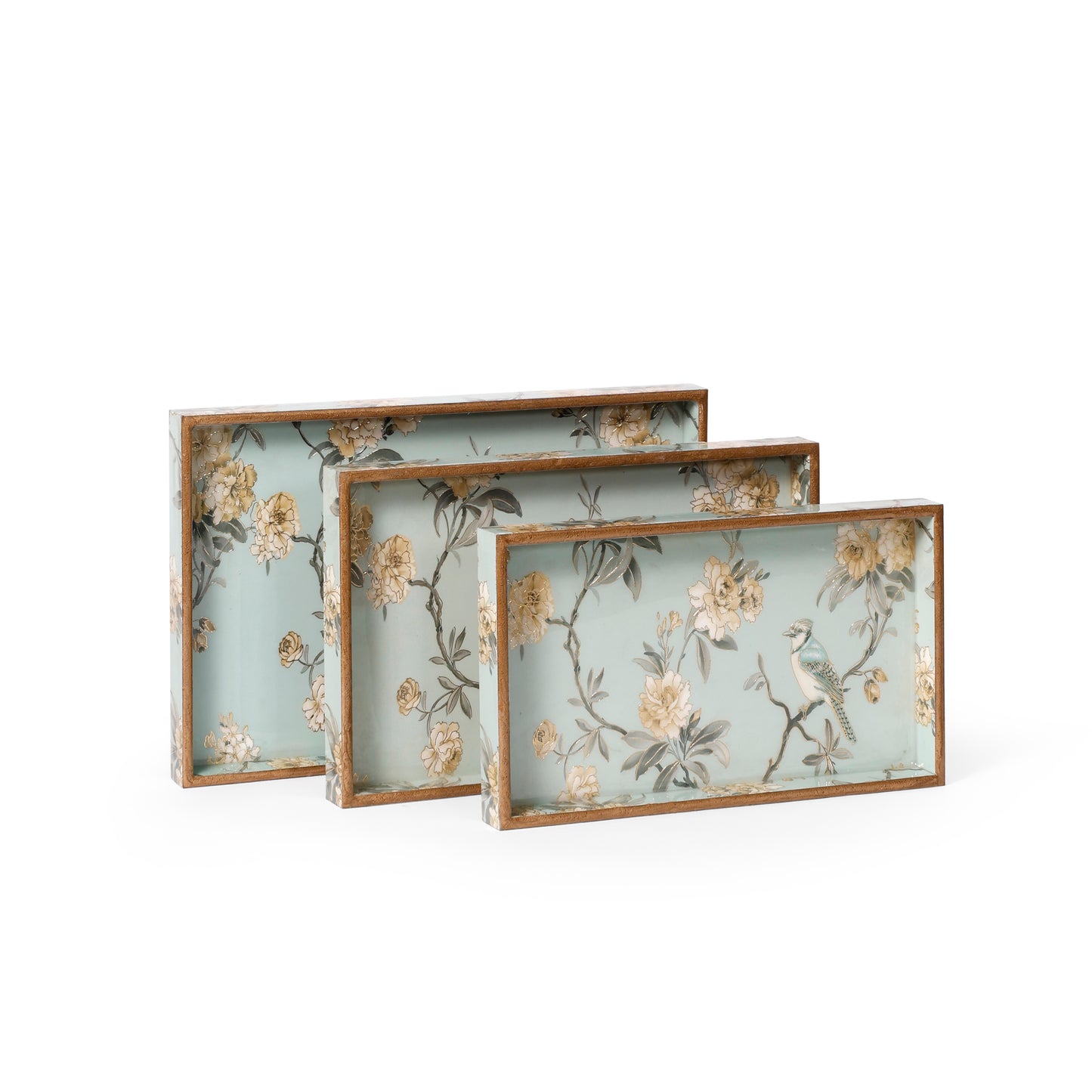 Floral Bird Printed Resin Wooden Serving Tray Set of 3