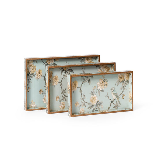 Floral Bird Printed Resin Wooden Serving Tray Set of 3