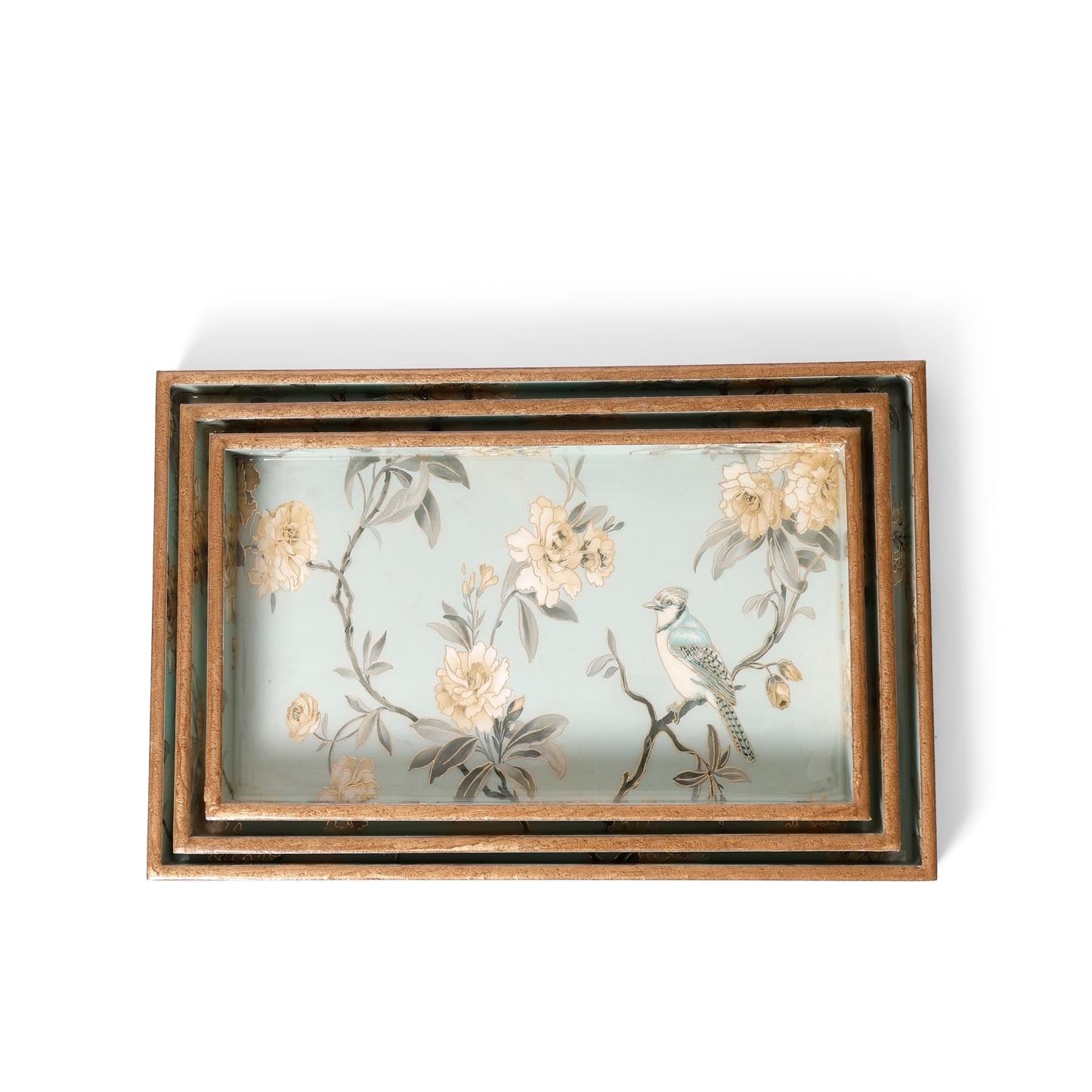 Floral Bird Printed Resin Wooden Serving Tray Set of 3