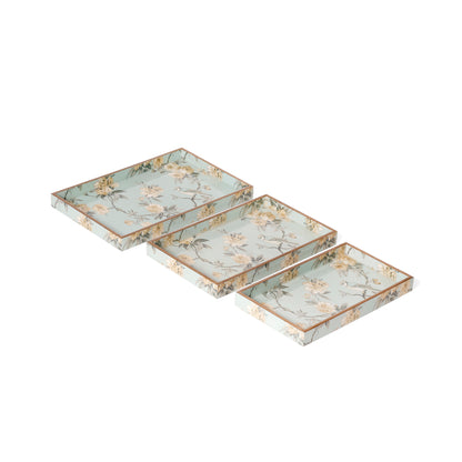 Floral Bird Printed Resin Wooden Serving Tray Set of 3