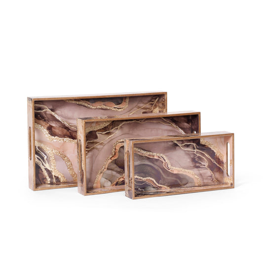 Marble Effect Printed Resin Wooden Serving Tray Set of 3
