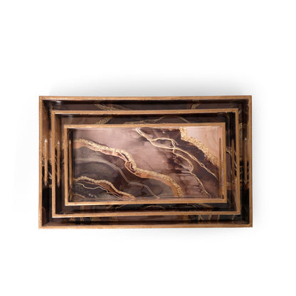 Marble Effect Printed Resin Wooden Serving Tray Set of 3