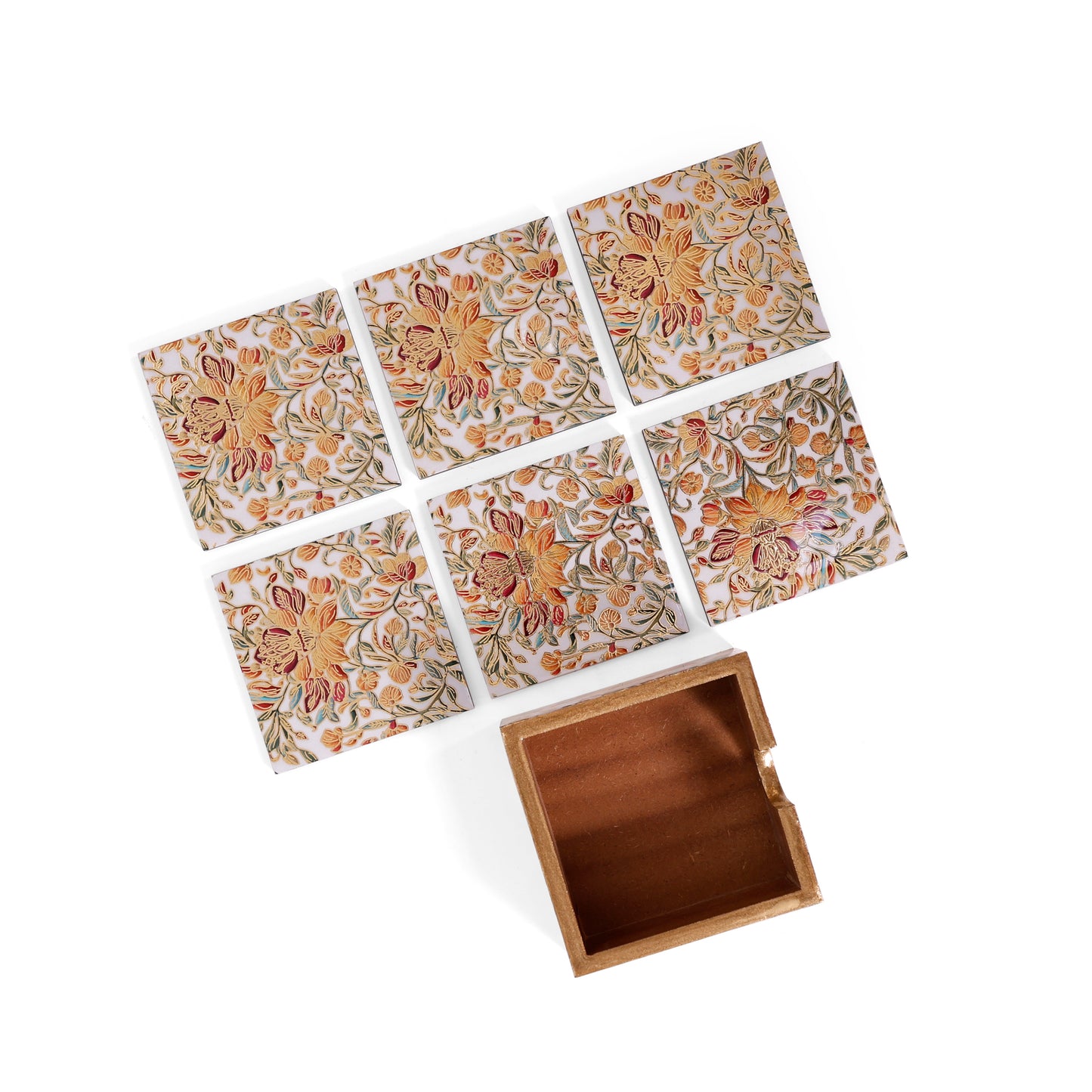 Floral Heritage Wooden & Resin Coaster Set (Set of 6, 10×10 cm)