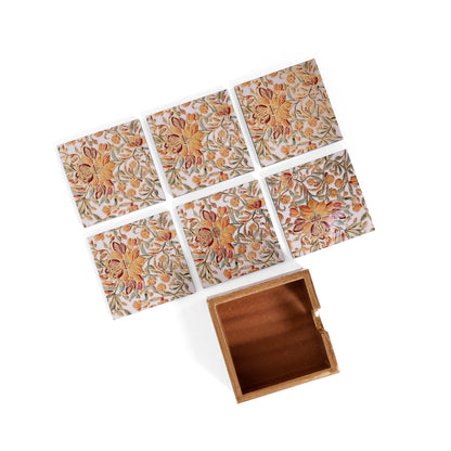 Floral Heritage Wooden & Resin Coaster Set (Set of 6, 10×10 cm)