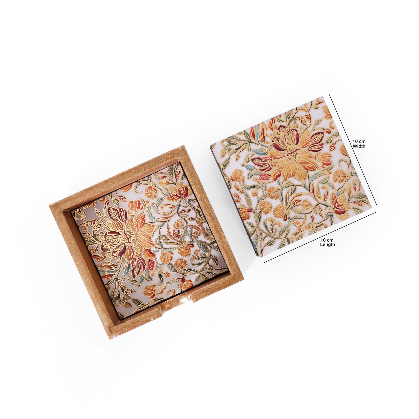 Floral Heritage Wooden & Resin Coaster Set (Set of 6, 10×10 cm)
