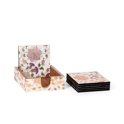 Royal Floral Resin Wooden Coaster Set (Set of 6, 10×10 cm) | Navakrti Decor