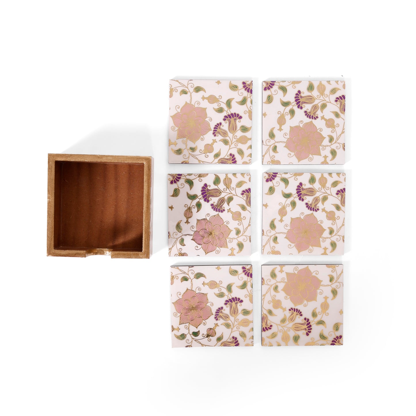 Royal Floral Resin Wooden Coaster Set (Set of 6, 10×10 cm) | Navakrti Decor