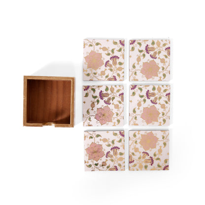 Royal Floral Resin Wooden Coaster Set (Set of 6, 10×10 cm) | Navakrti Decor