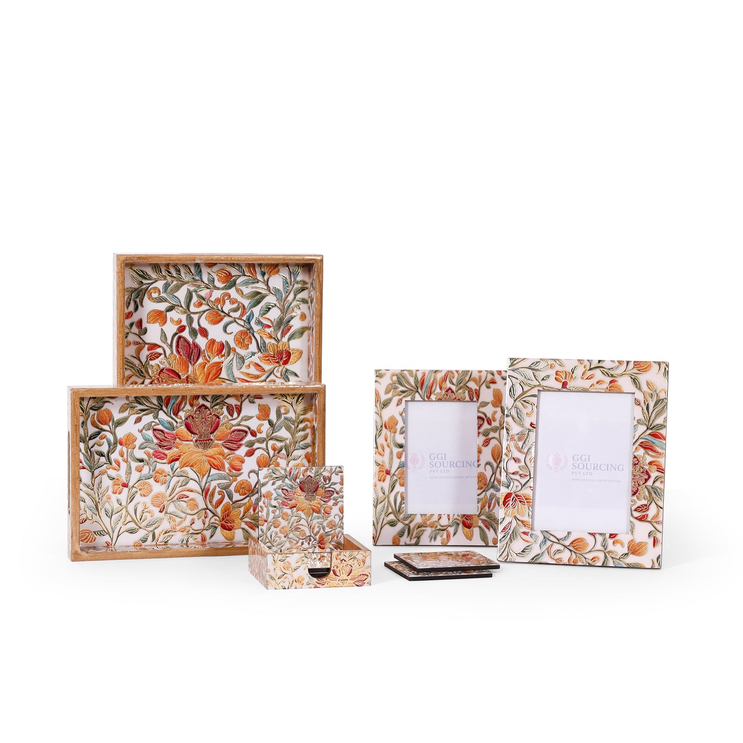 Floral Wooden Tray Set with Coasters & Photo Frames