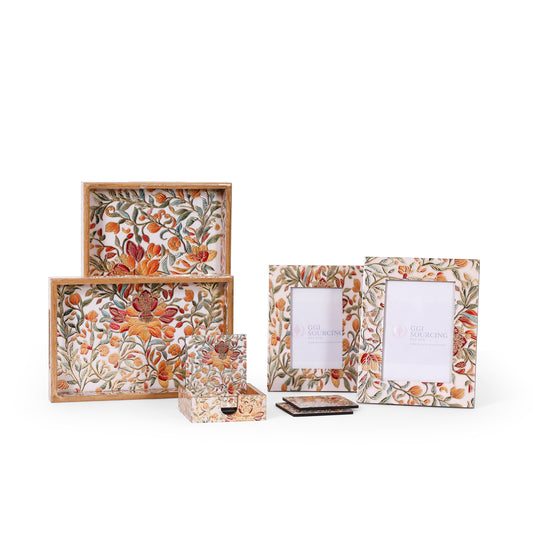Floral Wooden Tray Set with Coasters & Photo Frames