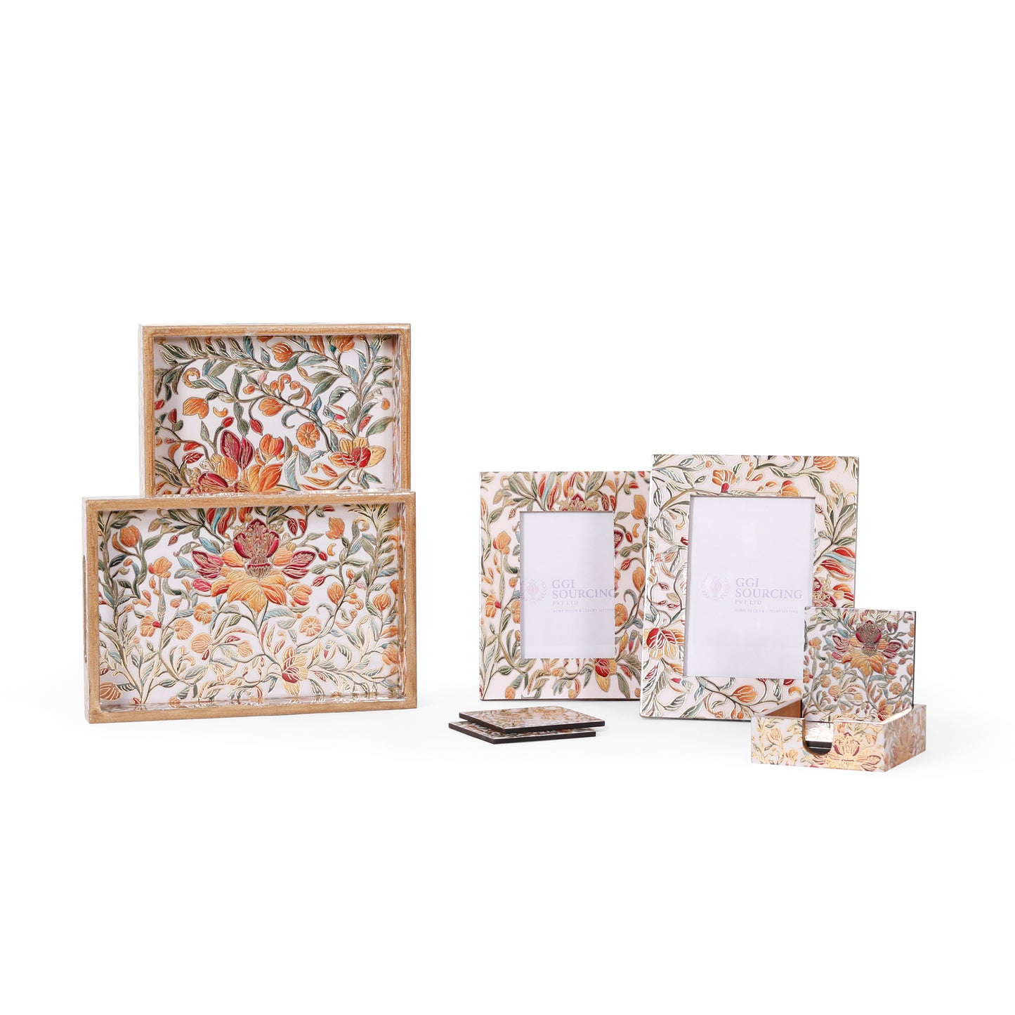 Floral Wooden Tray Set with Coasters & Photo Frames