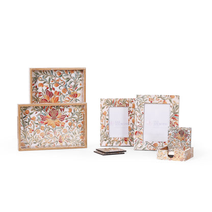 Floral Wooden Tray Set with Coasters & Photo Frames