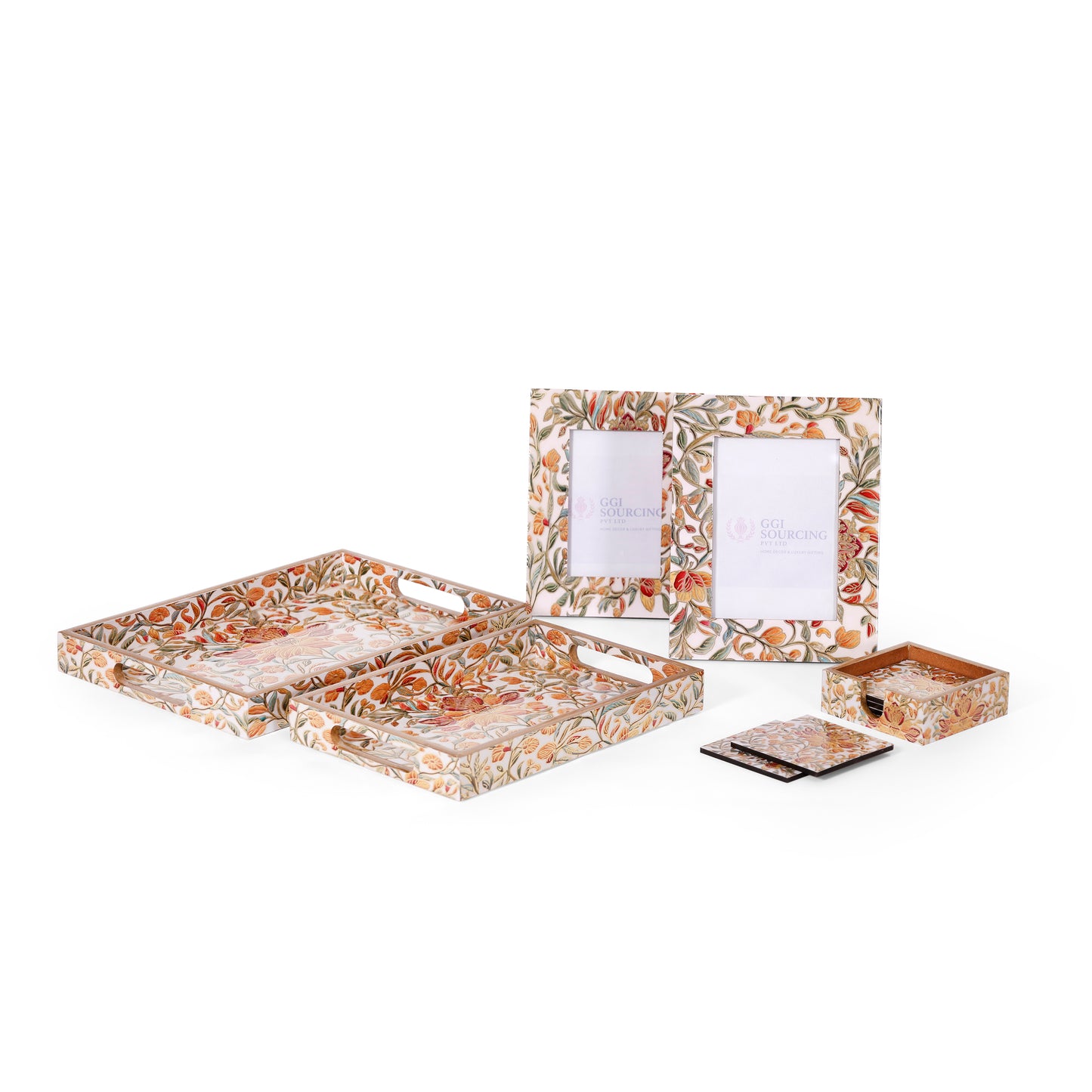 Floral Wooden Tray Set with Coasters & Photo Frames