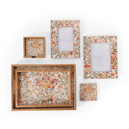 Floral Wooden Tray Set with Coasters & Photo Frames