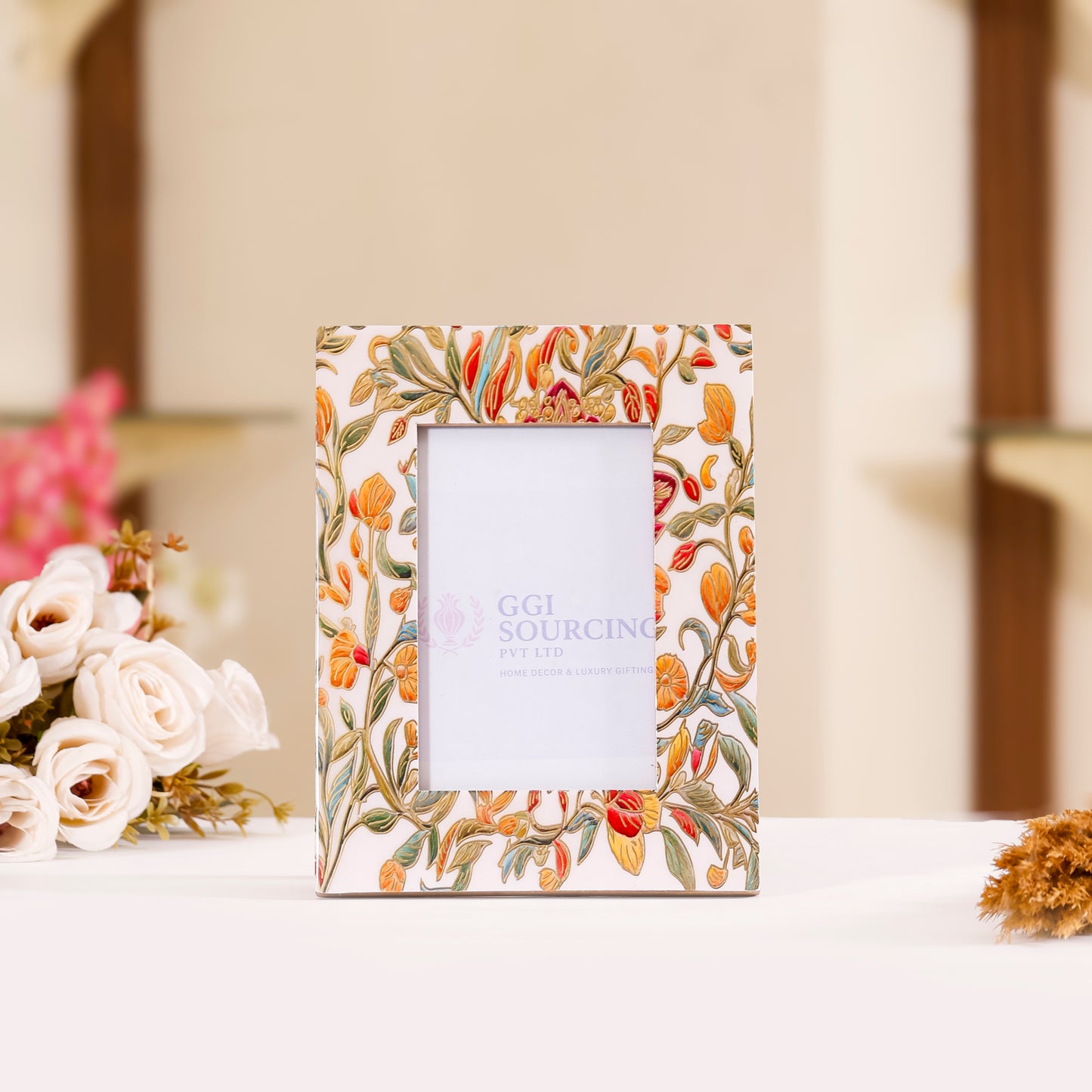 Navakrti Decor Crimson Bloom Resin-Coated MDF Photo Frame – 4 × 6 Inch | Red Floral Decorative Picture Frame