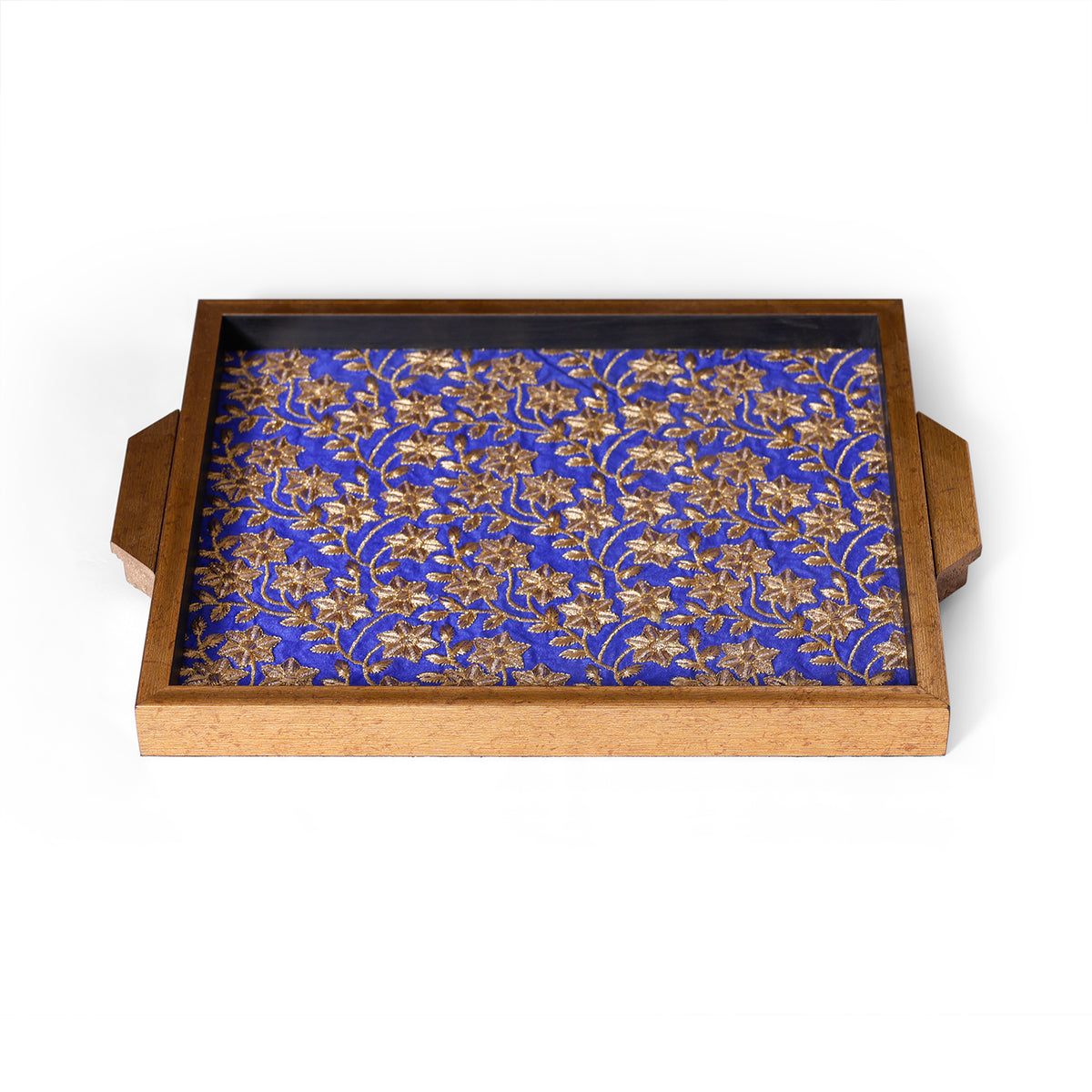 Royal Blue & Gold Floral Wooden Big Serving Tray with Handles – Elegant Decorative Table Tray for Home & Gifting