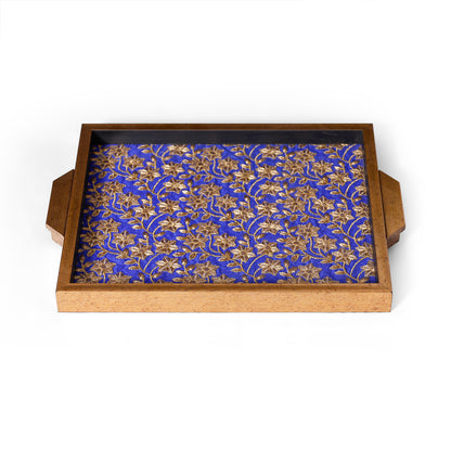 Royal Blue & Gold Floral Wooden Big Serving Tray with Handles – Elegant Decorative Table Tray for Home & Gifting