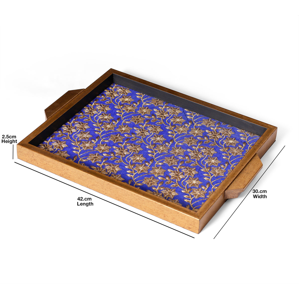 Royal Blue & Gold Floral Wooden Big Serving Tray with Handles – Elegant Decorative Table Tray for Home & Gifting