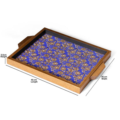 Royal Blue & Gold Floral Wooden Big Serving Tray with Handles – Elegant Decorative Table Tray for Home & Gifting