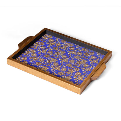 Royal Blue & Gold Floral Wooden Big Serving Tray with Handles – Elegant Decorative Table Tray for Home & Gifting