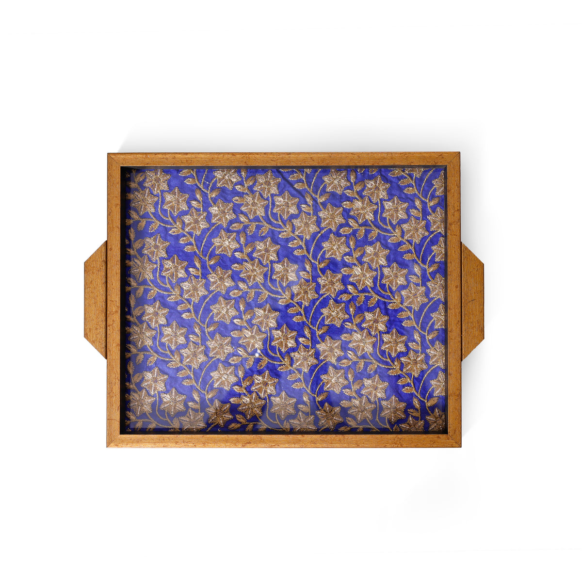 Royal Blue & Gold Floral Wooden Big Serving Tray with Handles – Elegant Decorative Table Tray for Home & Gifting