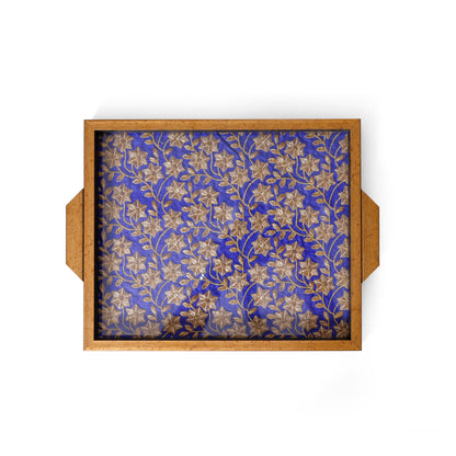 Royal Blue & Gold Floral Wooden Big Serving Tray with Handles – Elegant Decorative Table Tray for Home & Gifting