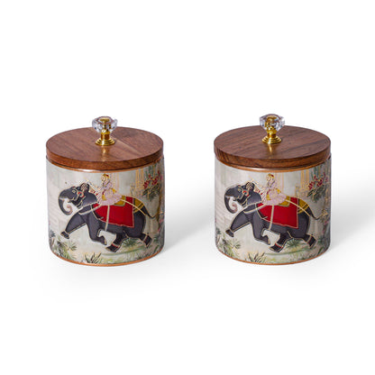 Navakrti Decor Royal Elephant Print Decorative Jar with Wooden Lids – Set of 2