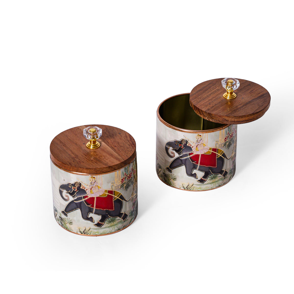 Navakrti Decor Royal Elephant Print Decorative Jar with Wooden Lids – Set of 2