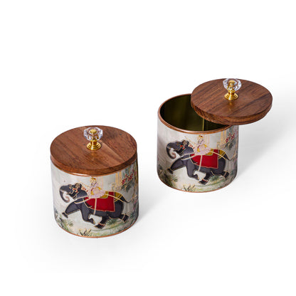 Navakrti Decor Royal Elephant Print Decorative Jar with Wooden Lids – Set of 2