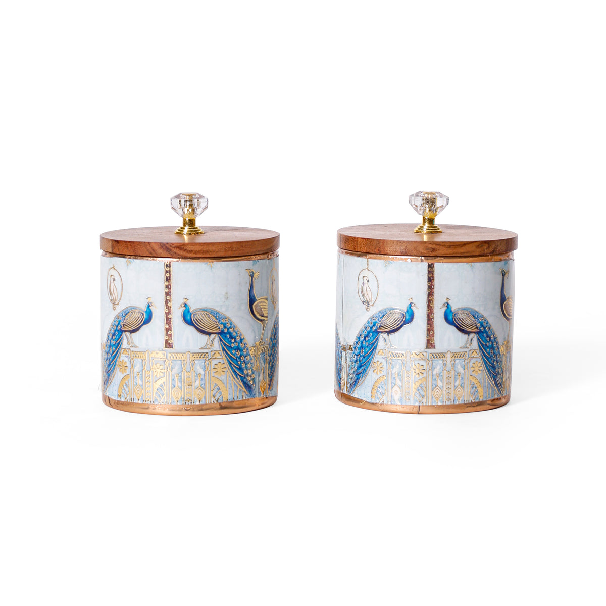 Navakriti Decor Majestic Peacock Motif Decorative Jar Set with Wooden Lids – Set of 2