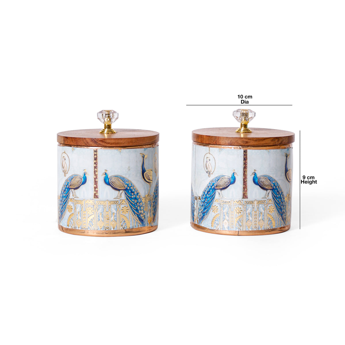Navakriti Decor Majestic Peacock Motif Decorative Jar Set with Wooden Lids – Set of 2