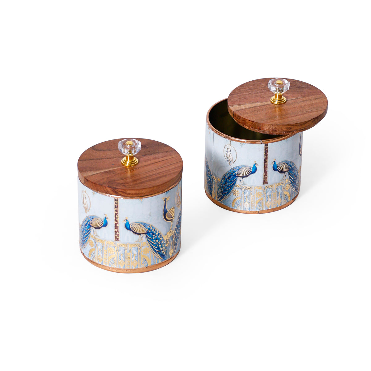 Navakriti Decor Majestic Peacock Motif Decorative Jar Set with Wooden Lids – Set of 2